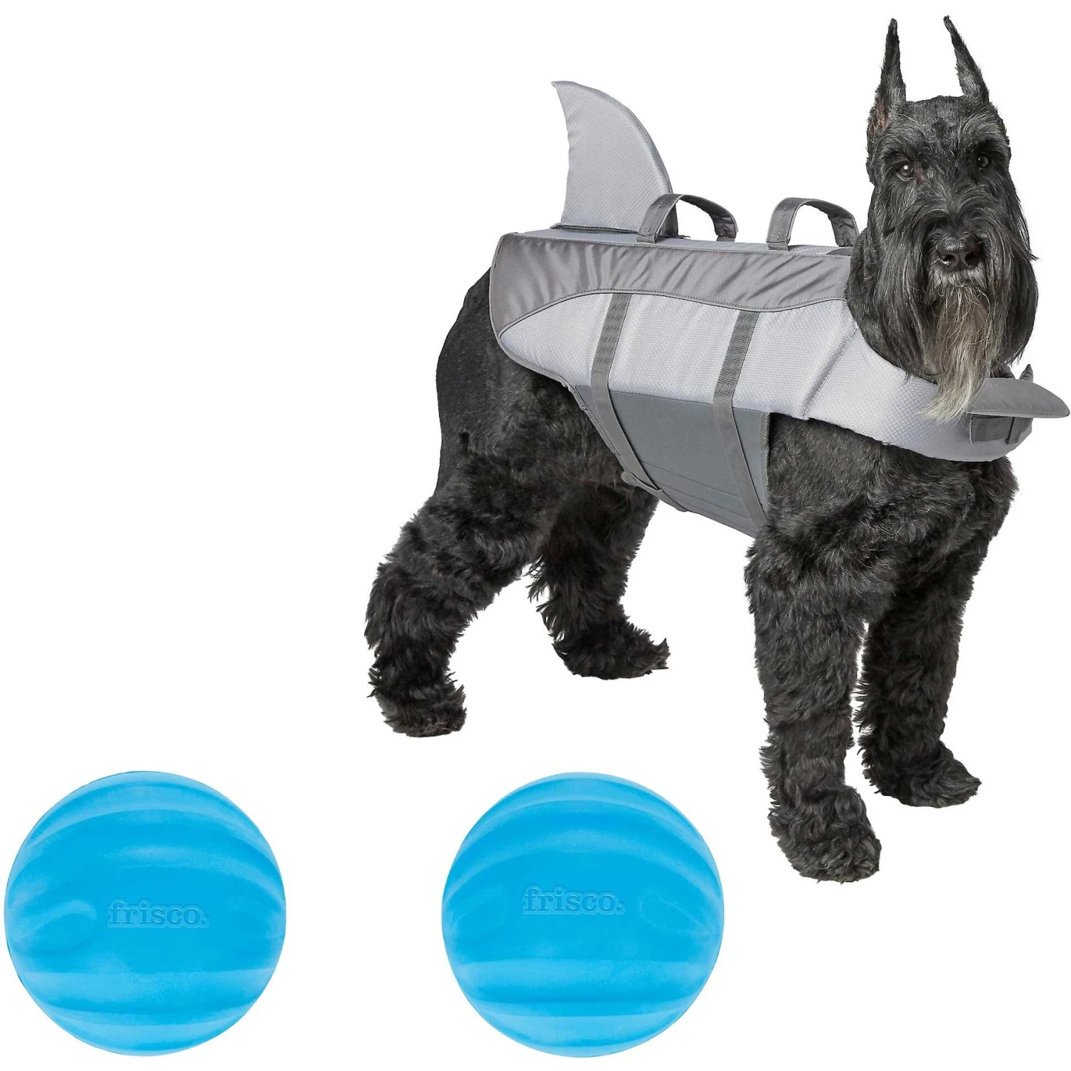 Frisco Shark Dog Life Jacket & Frisco Foam Rubber Floating Fetch Ball No Squeak Dog Toy 1 Frisco Shark Dog Life Jacket & Frisco Foam Rubber Floating Fetch Ball No Squeak Dog Toy