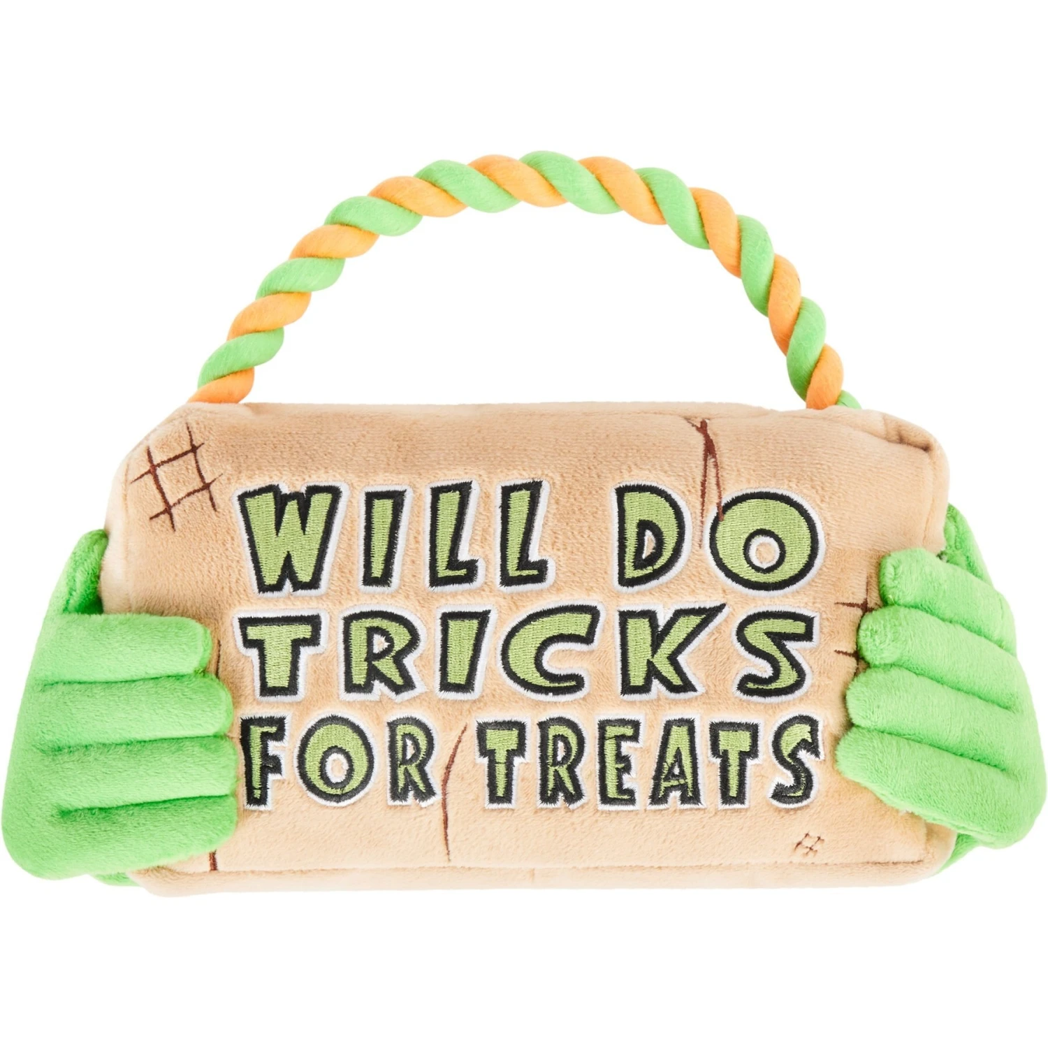 Frisco Halloween "Will Do Tricks For Treats" Sign Plush With Rope Squeaky Dog Toy 1 Frisco Halloween "Will Do Tricks For Treats" Sign Plush With Rope Squeaky Dog Toy