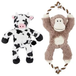 Frisco 33 Frisco Monkey Plush With Rope Squeaky Dog Toy & Frisco Cow Plush With Inside Rope Squeaky Dog Toy