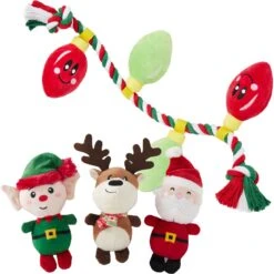 Frisco Holiday Santa's Helpers Plush Squeaky Dog Toy, 3 Count & Frisco Holiday Lights Plush With Rope Squeaky Dog Toy